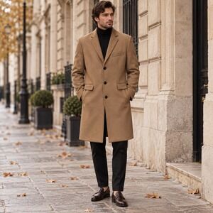 Zara Man Italian Wool Blend Camel Overcoat Men's M 40 Tailored Long Coat